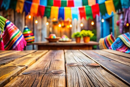 Rustic Wooden Table at a Vibrant Fiesta Outdoor Party Setting