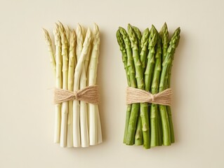 Fresh white and green asparagus bundles tied with twine on a beige background. Perfect for organic food, healthy eating, and farm-to-table concepts.