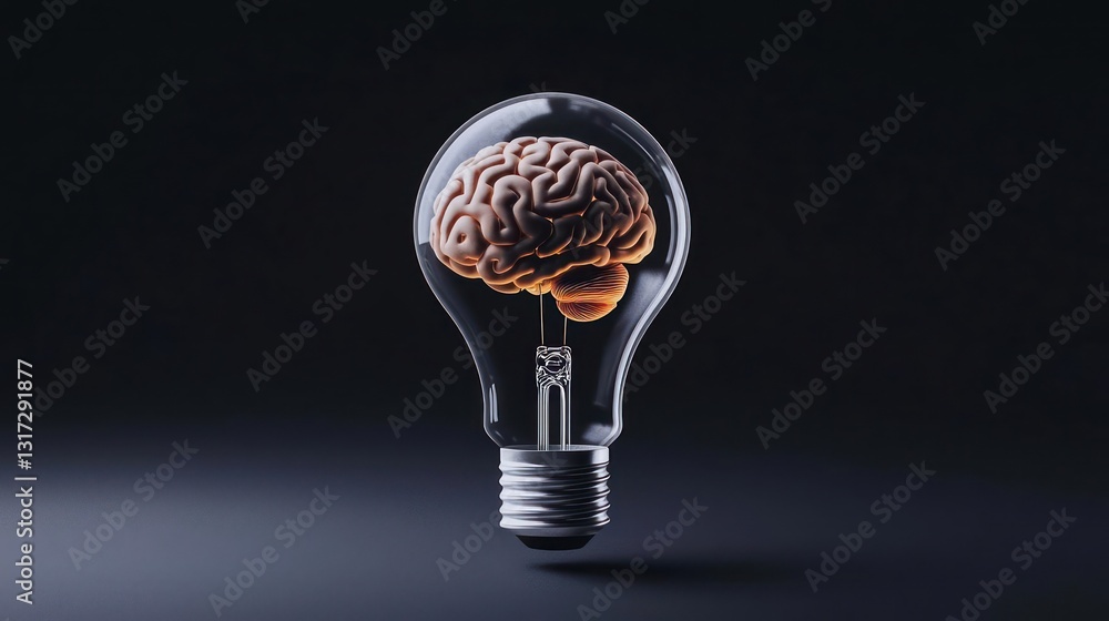Poster brain inside a lightbulb representing the idea of new thoughts on a dark background