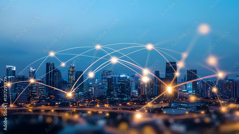 Poster illuminated cityscape at night with interconnected network of glowing dots symbolizing global commun