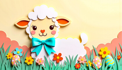 Fototapeta premium Cute Easter lamb with bow in colorful paper cutout style