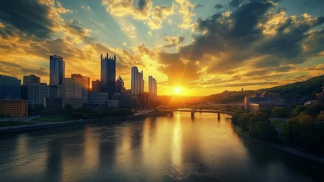Sunset Over Pittsburgh Skyline,  smooth repeating motion for background video animation