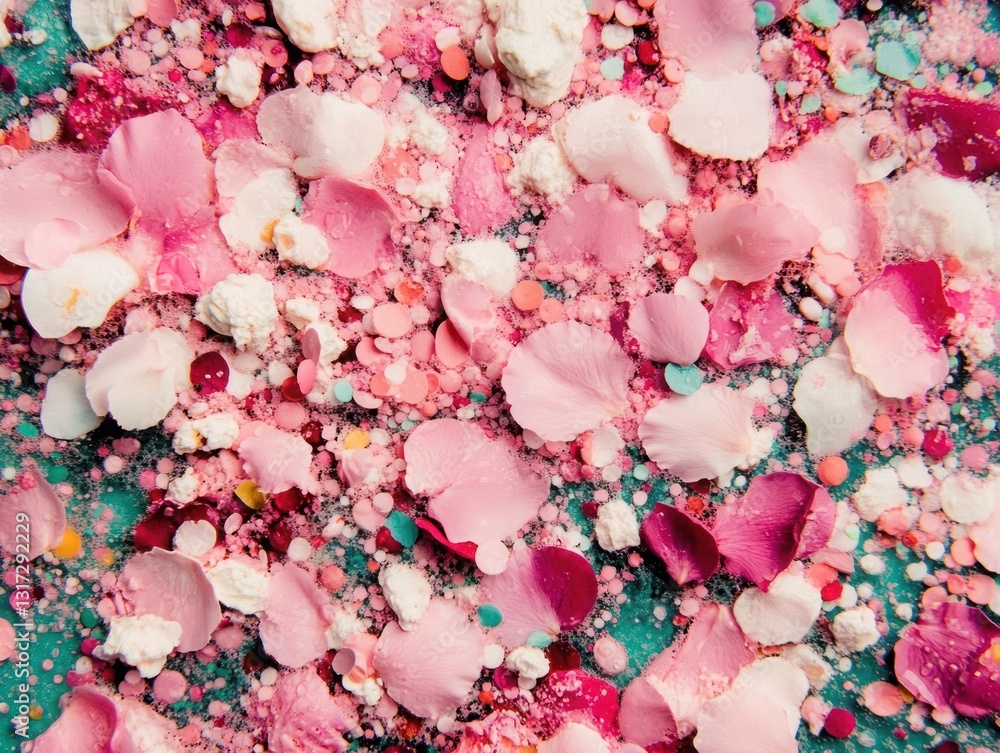 Poster colorful petals and powdered elements on a vibrant surface, creating an artistic and textured backgr