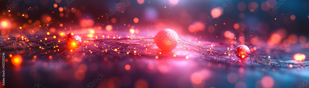 Poster abstract representation of neural network nodes with dynamic glowing connectivity and vibrant meshwo