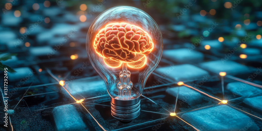 Poster futuristic artificial intelligence brain concept inside glowing lightbulb on digital grid background
