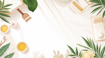 Tranquil spa setting with natural elements, oils, and towels arranged on a serene surface