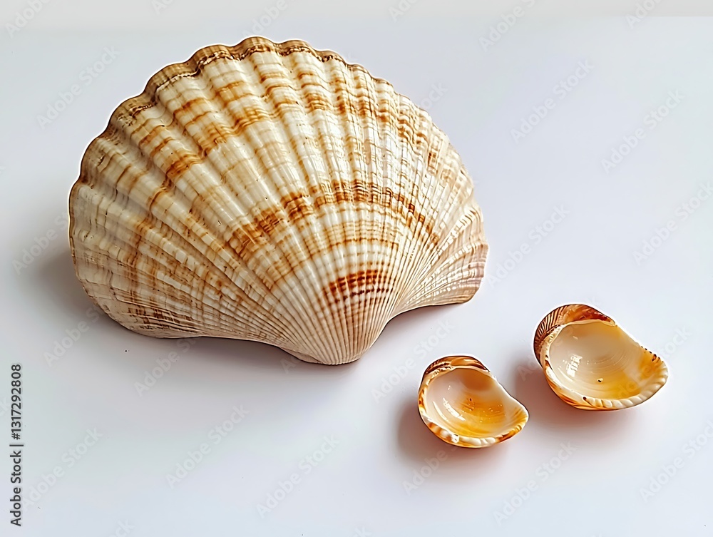 Poster close-up of scallop shells on white background with detailed texture and patterns