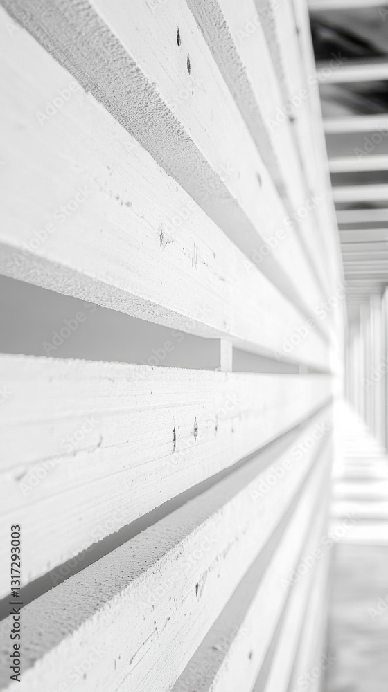 Poster abstract grayscale image of a series of horizontal white wooden planks creating a tunnel like perspe