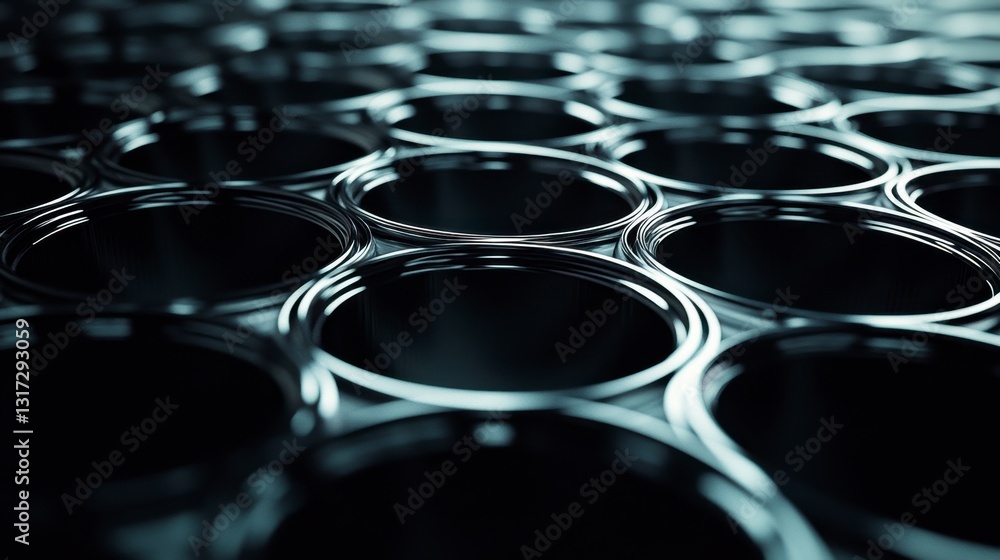 Poster abstract close up of metallic cylindrical shapes arranged in a repeating hexagonal pattern, creating
