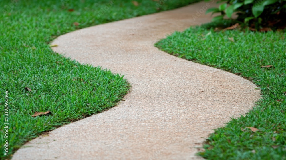 Poster curved pathway through lush green grass in a serene landscape with natural elements and soft texture
