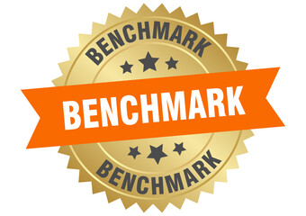 benchmark. benchmark round orange and gold label isolated on transparent background
