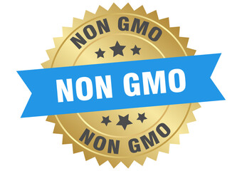 Obraz premium non gmo. non gmo round blue and gold label isolated on transparent background
