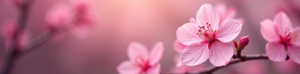 Obraz premium Delicate pink blossoms, soft focus, blurred petals , background, garden