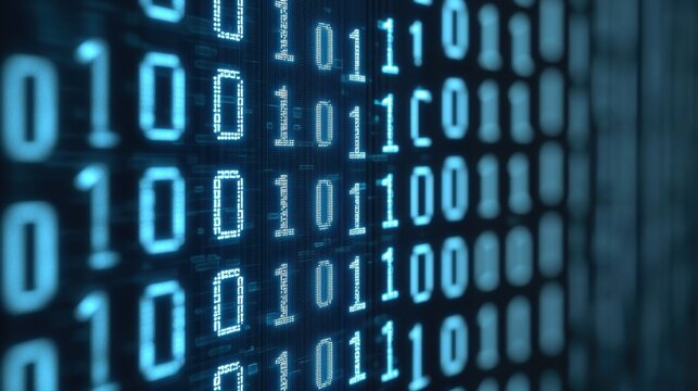 Digital Binary Code Background with Blue Glowing Numbers and Lines