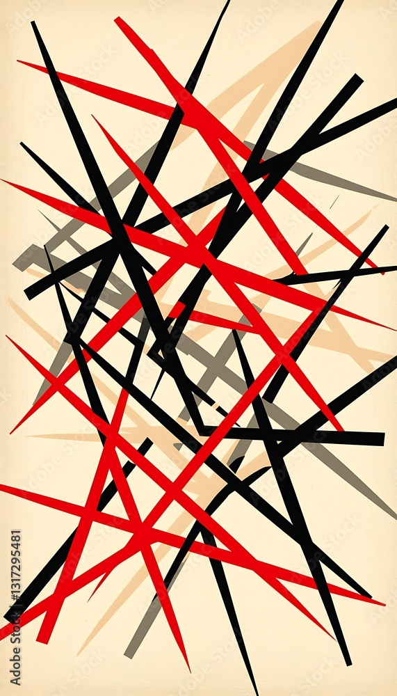 Poster abstract composition of dynamic stripes with bold colors and contrasting lines on light background