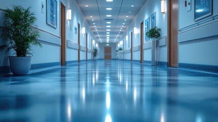 Long Hospital Corridor Interior Clean Blue Floor Modern Medical Facility