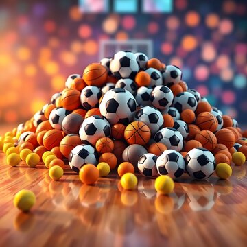 Monta&ntilde;a de pelotas y balones de f&uacute;tbol, baloncesto y tenis.