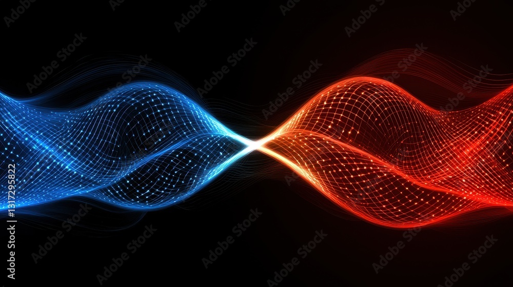 Poster dynamic blue and red waves with light effect in dark background