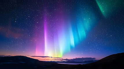 Naklejka premium Vibrant Aurora Borealis Illuminates Night Sky Above Snowy Mountain Range and Reflects on Icy Lake