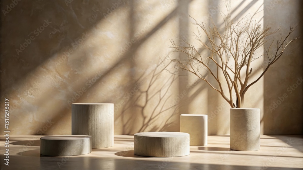 Poster Minimalistic product display with circular platforms and a skeletal branch against a textured wall bathed in warm sunlight