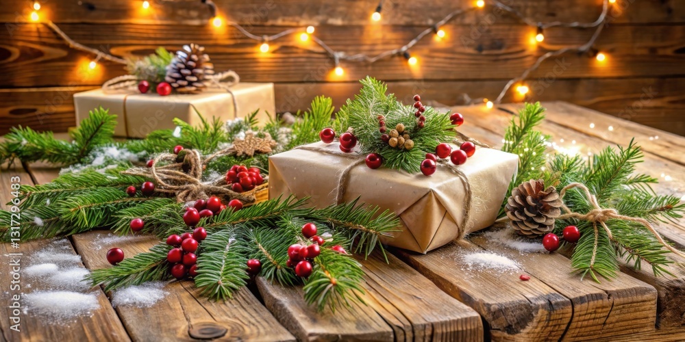 Poster christmas presents wrapped in rustic paper with evergreen boughs and red berries on wooden table