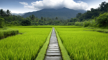 Obraz premium Serene pathway through lush green rice fields reflecting tranquility and simplicity in a minimalist landscape scene