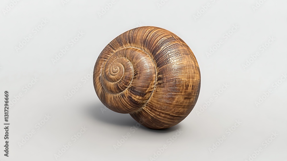 Poster close-up view of a glossy brown snail shell with intricate swirls and patterns on a soft background