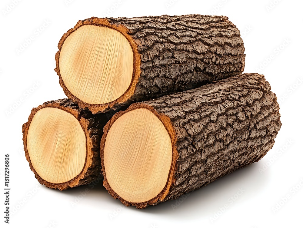 Poster three logs with natural texture and smooth cross-sections on a white background