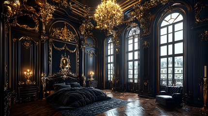Fototapeta premium Luxurious Parisian bedroom, dark decor, large windows, city view, ideal for interior design magazines