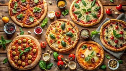 A Rustic Tabletop Scene Featuring a Variety of Gourmet Pizzas with Fresh Basil and Cherry Tomatoes, Accented with Aromatic Spices and Rustic Ingredients