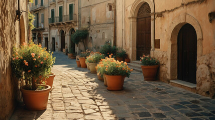 Fototapeta premium Aerial view of an old Italian town showing old rooftops and a bustling Sicilian market in the town square overlooking the azure sea.