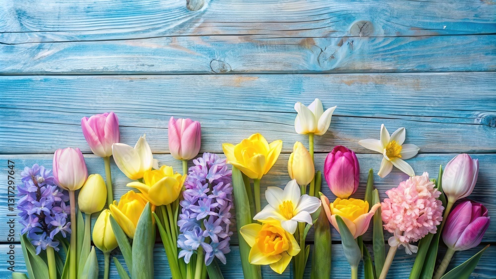 Poster a vibrant display of spring blooms in a row on a weathered blue wooden surface