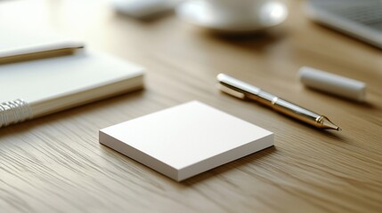 Clean workspace with blank notepad, pen, coffee, and notebook on wood grain