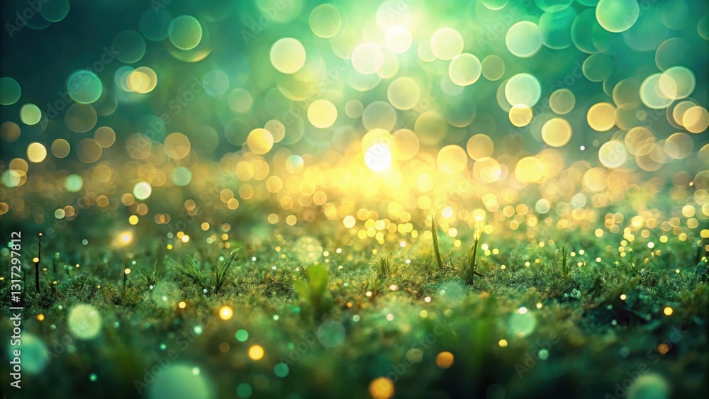 Poster a field of vibrant green grass illuminated by a cascade of golden bokeh lights, creating an ethereal