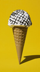 Delicious ice cream cone with unique black and white design against bright yellow background, evoking playful and fun atmosphere