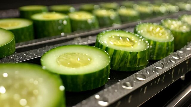 Cucumber Slices on Conveyor Belt: Freshness and Efficiency in Food Processing