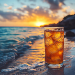 Iced tea in a glass in a beach