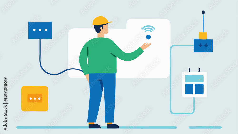 Aufkleber installing a smart hub a technician mounts a smart home hub on a wall connecting various cables whil
