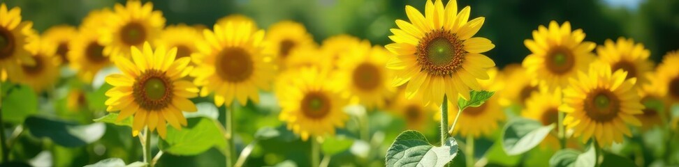 Obraz premium Numerous sunflowers in full bloom, sunny day, green foliage, plants, heads