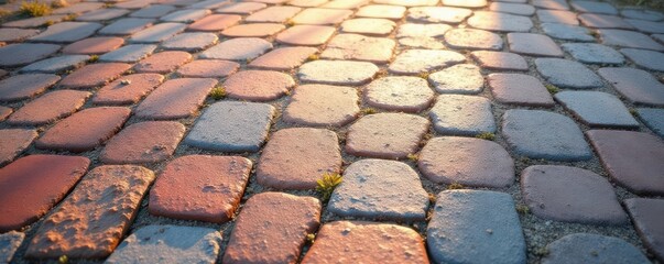 Fototapeta premium Neatly arranged paving stones, geometric pattern, overhead, brick