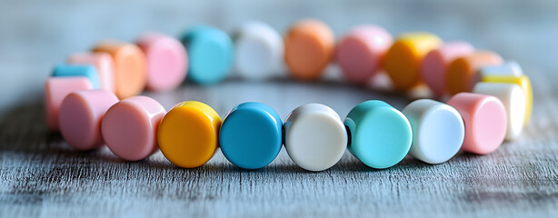 Colored pencils neatly arranged in a box with colorful Easter decorations and candy around them