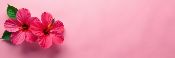 Pink background, two vibrant hibiscus blossoms , nature, tropical, serenity
