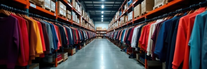 Fototapeta premium Rows of clothing racks filled with garments in a warehouse , clothes, supply chain, retail