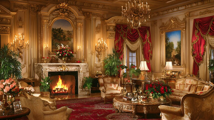 Luxurious living room with fireplace, ornate details, and red accents; ideal for hospitality or real estate marketing