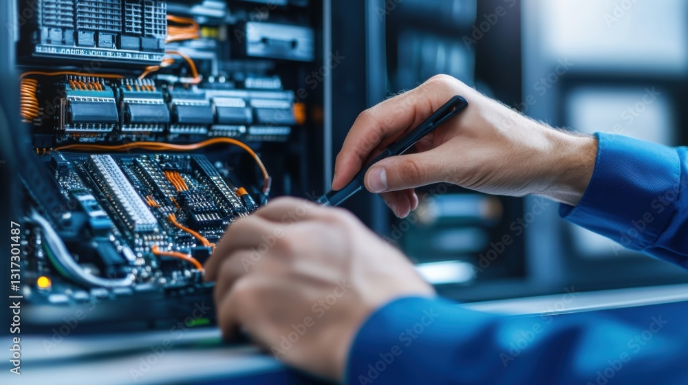Poster detailed close-up of a technician adjusting components within a server rack in a modern data center 