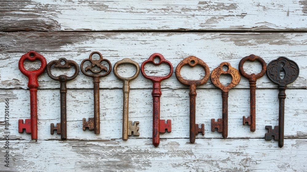 Poster row of antique keys with varying colors and levels of rust arranged on a weathered white wooden back