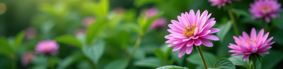 Fototapeta premium Soft pink and purple monarda flowers in full bloom against lush green leaves , plant life, bloom