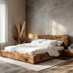 Rustic bedroom Wooden bed, soft linens, textured wall, warm light