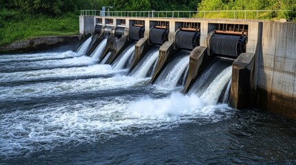 Water flowing through a dam with multiple gates, surrounded by lush greenery and calm waters