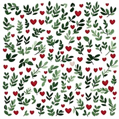 Colorful Heart and Leaf Pattern with Greenery and Red Hearts for Decorative Use